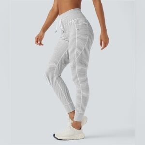 NEW Halara Drawstring Leggings Pockets White Black Striped Size M Full Length